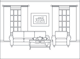 Room interior. Home flat design with furniture, window. Vector living room. Outline sketch in classic style. Coloring page. Linear contour background. Cartoon black white illustration in line art.