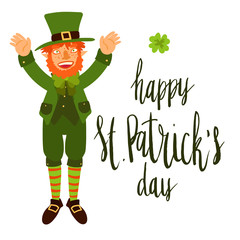 Happy St Patrick's Day celebration card template. Hand written brush lettering. Flat illustration of leprechaun smiling holding hands up in greeting.