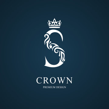 Elegant letter S with crown. Graceful royal style. Calligraphic beautiful logo. Vintage drawn emblem for book design, brand name, business card, Restaurant, Boutique, Hotel. Vector illustration