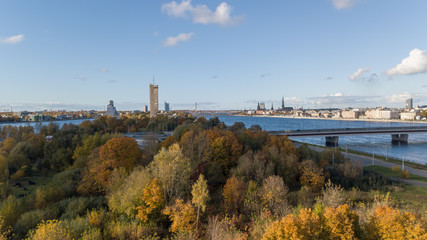 Fototapeta premium Riga Latvia Daugava river Zakusala island Aerial drone top view