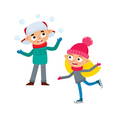 Cartoon teenages in winter clothes, cartoon vector illustration