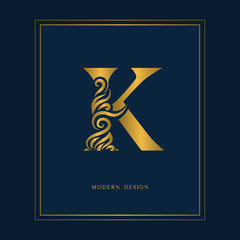 Gold Elegant letter K. Graceful royal style. Calligraphic beautiful logo. Vintage drawn emblem for book design, brand name, business card, Restaurant, Boutique, Hotel. Vector illustration