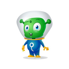 funny cartoon alien in the space suit, a friendly green Martian, character for the company in the modern 3D style