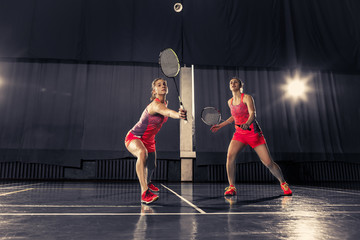 Young women playing badminton at gym - obrazy, fototapety, plakaty