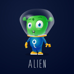funny cartoon alien in the space suit, a friendly green Martian, character for the company in the modern 3D style