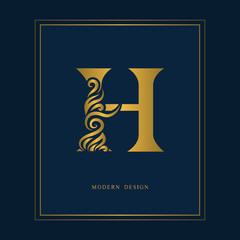 Gold Elegant letter H. Graceful royal style. Calligraphic beautiful logo. Vintage drawn emblem for book design, brand name, business card, Restaurant, Boutique, Hotel. Vector illustration