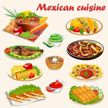 Illustration of a set of Mexican cuisine dishes with soup, dorado fish, buritos, envelopes de poyo, empanadiyas and sauces