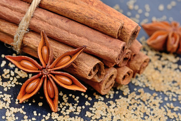 Star anise with cinnamon sticks and sugar on slate