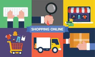 Flat design vector illustration icons of online shopping or e-commerce step. isolated on color background.