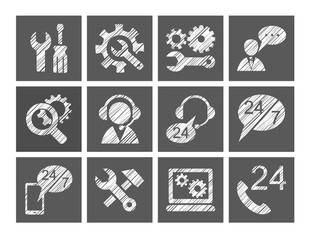 Technical support, repair, help, icons, white, grey, pencil hatching, vector. Repair and maintenance of computers and home appliances. One-color badges. Square vector clip art. 