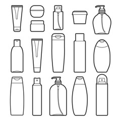 Set of vector cosmetic bottles line style icons on a white background. Collection of different forms and types