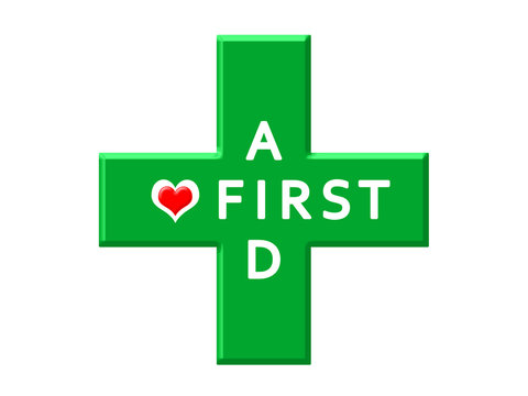 Medical cross green icon with words First aid and with symbol of heart.