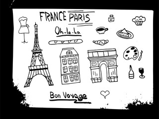 France and Paris Hand drawn travel doodles. Vector illustration