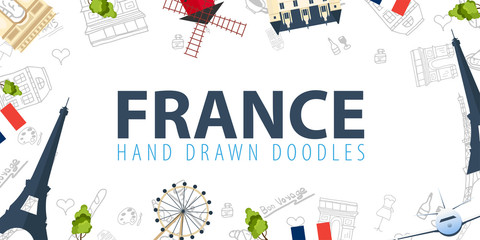 France and Paris travel banner. With flat and doodle elements. Doodles background. Vector illustration