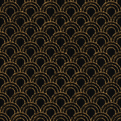 Scratched golden motif based on japanese sashiko. Seamless pattern. Stylized fish scales texture. Black background. Abstract geometric backdrop.