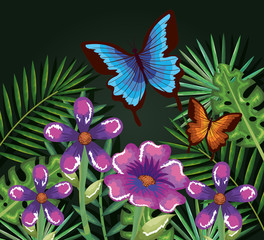 Obraz na płótnie Canvas tropical and exotics flowers with butterflies vector illustration design
