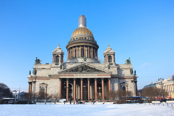 St. Petersburg Saint Isaac's Cathedral Winter View in Russia. Outdoor Vintage Postcard of Russian Old Architecture Building, Popular City Landmark Isolated on Clear Blue Sky Background and Copy Space.