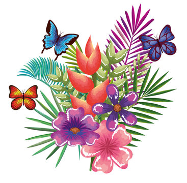 tropical and exotics flowers with butterflies vector illustration design