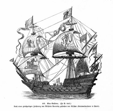 Galleon, large, multi-decked sailing ship (from Spamers Illustrierte Weltgeschichte, 1894, 5[1], 649)