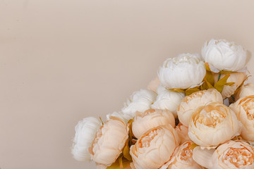 Fototapeta na wymiar Beautiful spring flowers background, peonies. Bouquet of pink and white peony with space for text