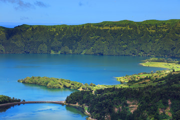 Naklejka premium Landscape of the volcanic crater lake of Sete Citades in Sao Miguel Island of Azores, Portugal