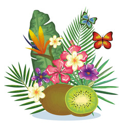 tropical garden with kiwi vector illustration design fruits, leaves and flowers, summer and exotic concept