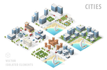 Set of Isolated Isometric Realistic City Maps. Elements with Shadows on White Background
