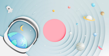 Paper UFO beam and solar system paper art with pastel tone © pickbiz
