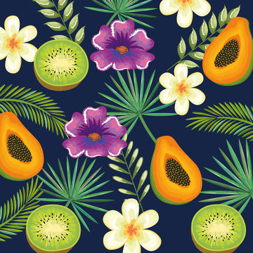 tropical garden with kiwi and papaya vector illustration design fruits, leaves and flowers, summer and exotic concept
