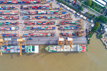 Container ship in shipyard with crane riverside