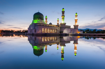 blue hour sunrise at floating mosque Kota Kinabalu, Sabah Malaysia.