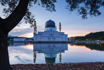 sunrise with reflection at Kota Kinabalu Mosque, Sabah Malaysia.