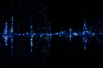 blue digital equalizer audio spectrum sound waves on black background, stereo sound effect signal with vertical lines