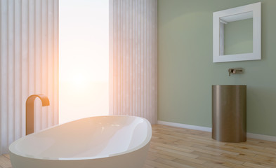 Clean and fresh bathroom with natural light. 3D rendering. .Sunset