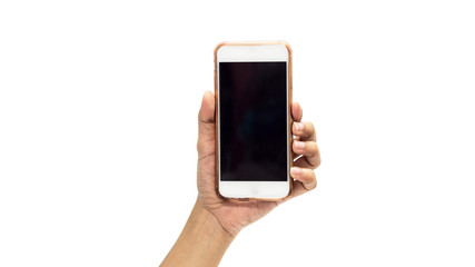 Hand holding smartphone with cracked screen over white background