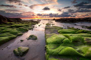 colorful sunset sky with rocks covered by green moss at Kudat Sabah Malaysia.