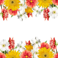 Beautiful floral background of daffodils, dahlias and sunflowers 