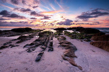 beautiful view of sunset seascape with green moss at Kudat, Sabah Malaysia.