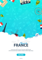 France and Paris travel banner. With flat and doodle elements. Doodles background. Vector illustration