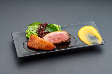 Duck meat over dark background.