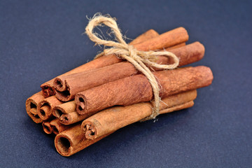 Cinnamon sticks on blue background