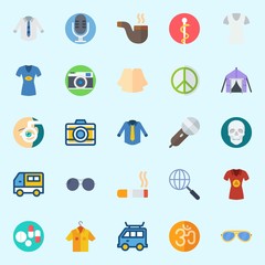 icons set about Hippies. with orhthalmology, pacifism, shirt, cigarete, om and van