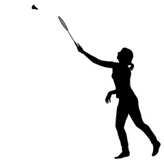 Black silhouette of female badminton player on white background