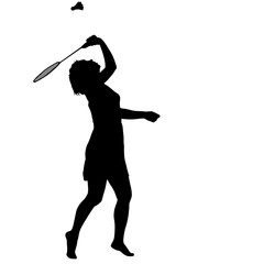 Black silhouette of female badminton player on white background