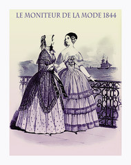 1844 vintage fashion, French magazine Le Moniteur de la Mode presents two ladies walking leisurely outdoor near the sea with fancy cloths - obrazy, fototapety, plakaty
