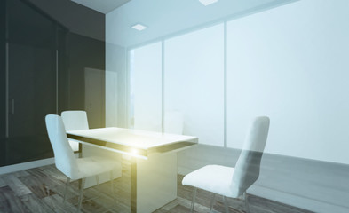 Front view of an office interior with a row of dark wood tables. 3D rendering.. Sunset