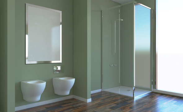 Modern bathroom including bath and sink. 3D rendering. Empty paintings