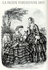 1855 vintage fashion, French magazine La Mode Parisienne presents two ladies  leisurely outdoor with fancy cloths and elegant hats