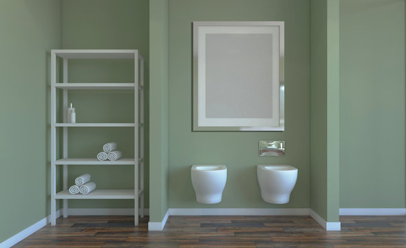 Bathroom interior bathtub. 3D rendering. Empty paintings