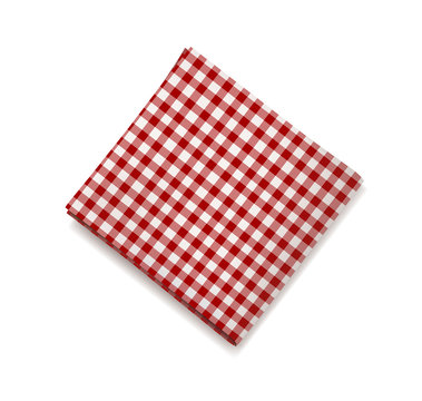 Red Napkin On A White Background. Plaid Gingham Tablecloth For Cafe And Restaurant Design